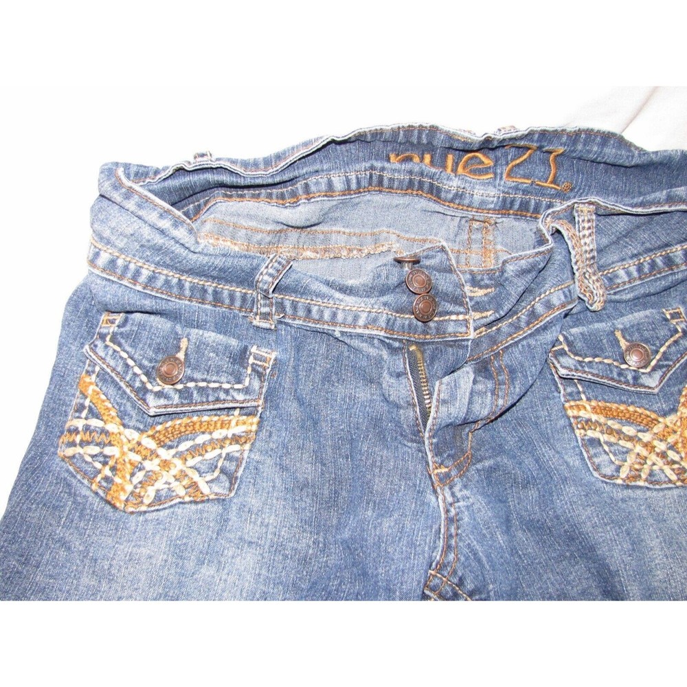 Rue 21 Denim Shorts Womens Jean Button Pockets Stitching Gold White Blue Sz 9/10